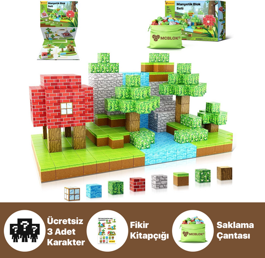 MCBLOK Manyetik Bloklar – Montessori STEM Oyun Seti | Orman Temalı Minecraft Blok Oyuncak (3+ Yaş)