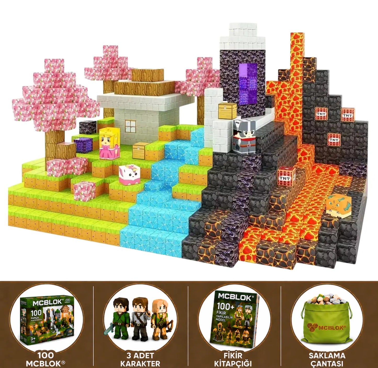 MCBLOK Manyetik Bloklar - Montessori STEM Oyun Seti - Lava Kale Temalı Blok Oyuncak - 100 Parça (3+ Yaş)