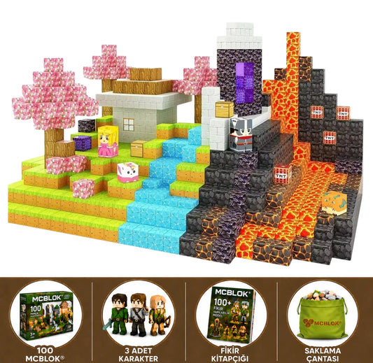MCBLOK Manyetik Bloklar - Montessori STEM Oyun Seti - Lava Temalı Blok Oyuncak - 100 Parça (3+ Yaş)